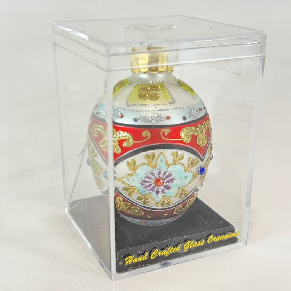Dept 56 Handcrafted Glass Ornament In Case Silver Red Green Gold Glitter 2010